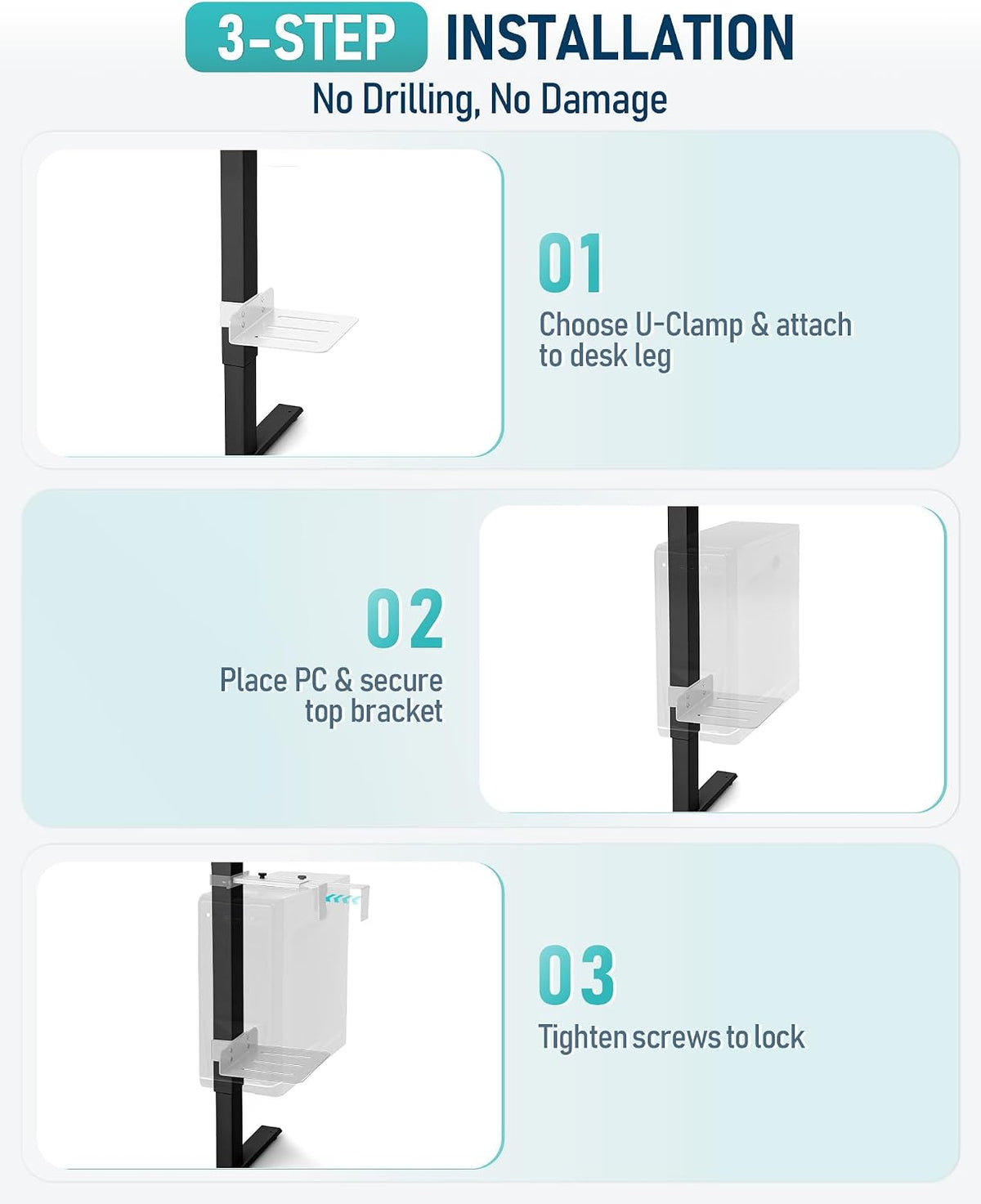 TOPSKY Under Desk PC Mount, No Drill CPU Holder, 50 lb Capacity White
