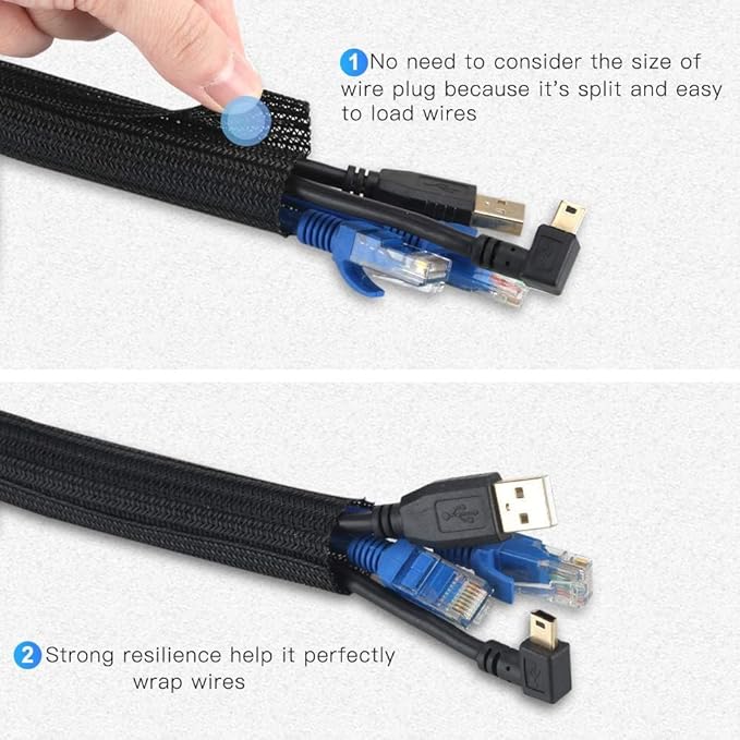 AGPTEK Cable Sleeve Cover, 6.6ft - 2/3 inch Desk Cord Organizer Cable Hider, Home Office Wire Management Computer TV Wire Loom Tubing, Pet Proof Cord Protector, from Cat Dog Chewing, Black