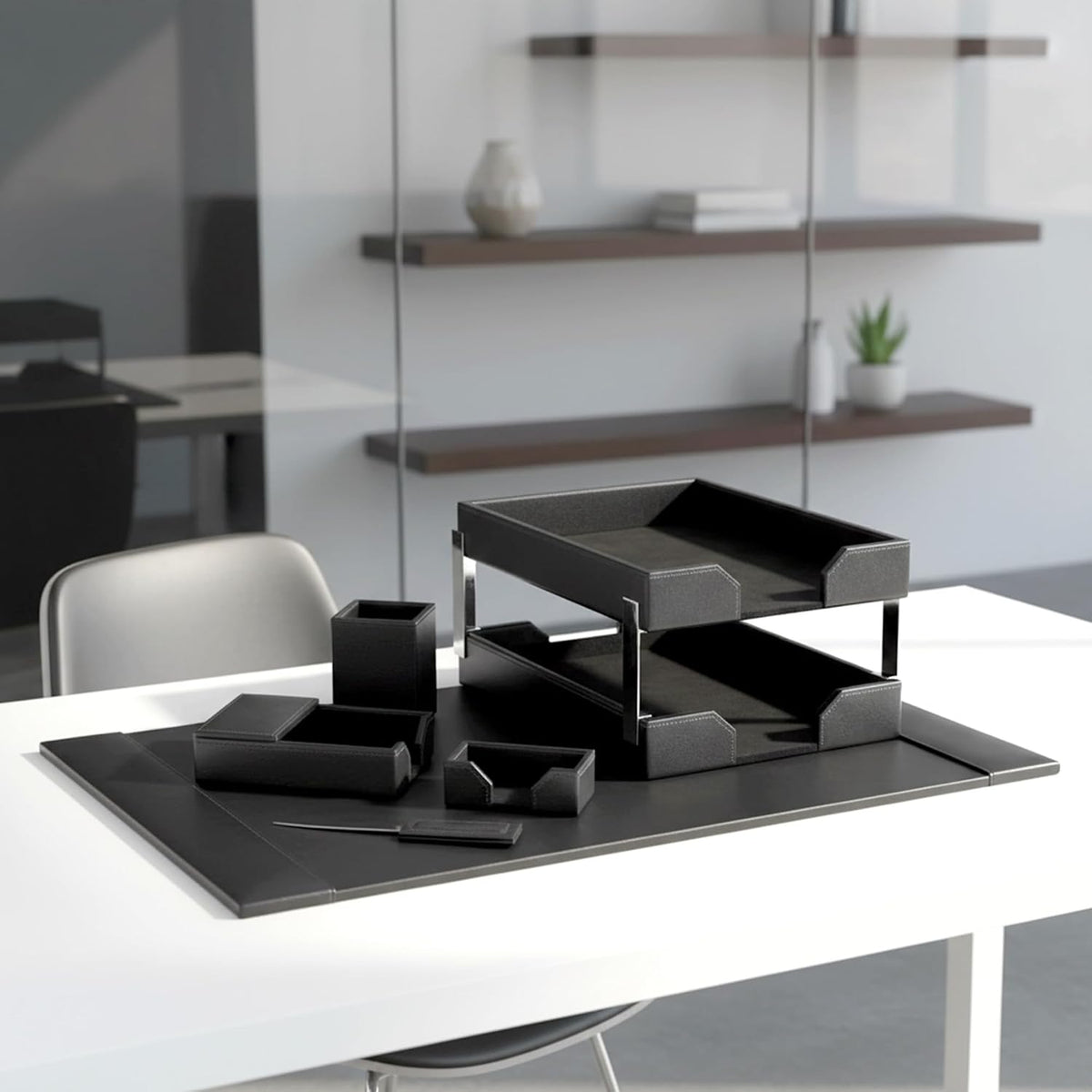 DACASSO Bonded Leather Desk Set - Luxury Leather Desk Pad & Desk Organization Essentials - Office Organization & Executive Desk Decor - (Black, 8 Piece)