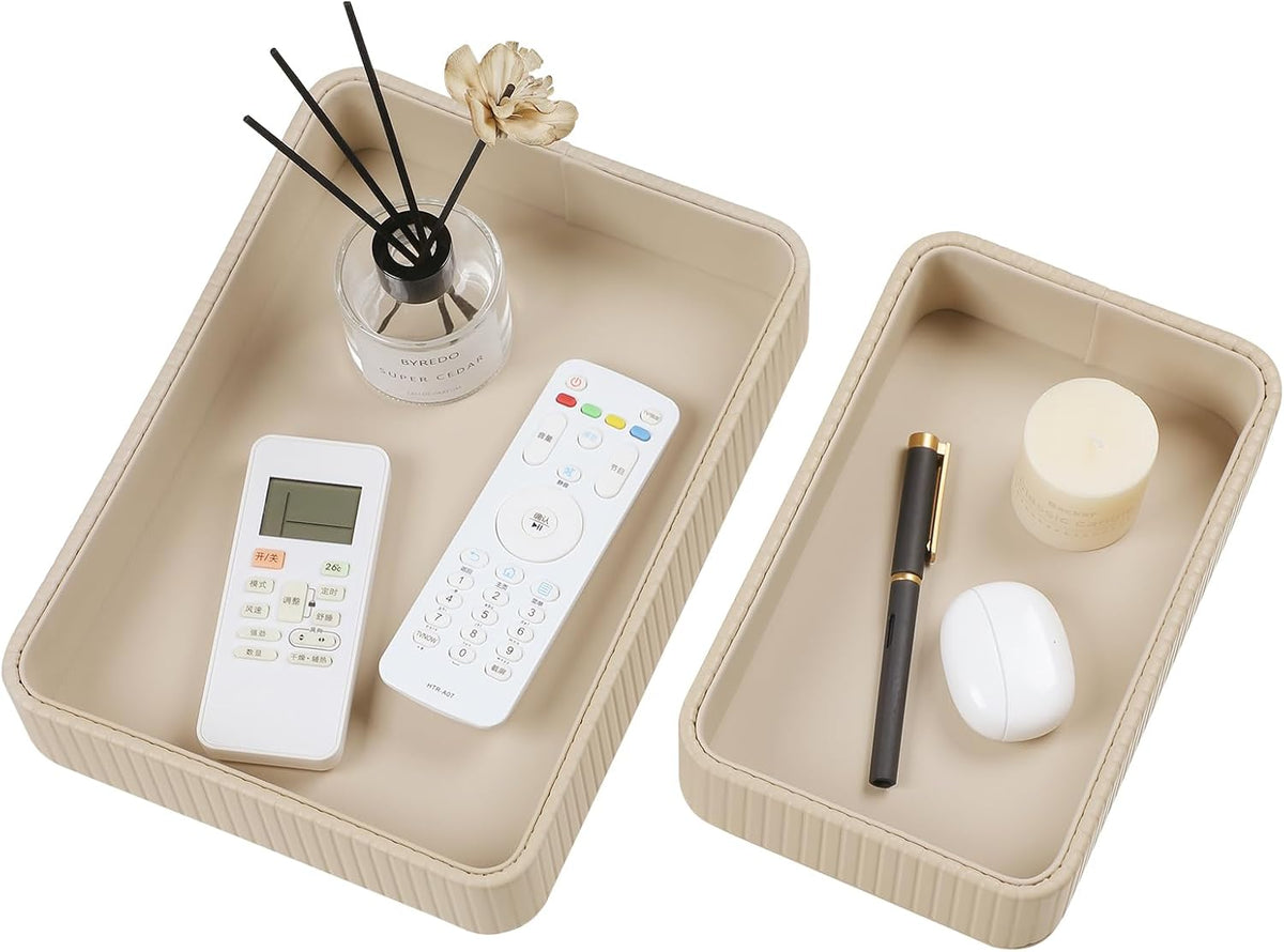 Desk Organizer Tray, PU Leather Nightstand Organizer, Beige 2-Pack