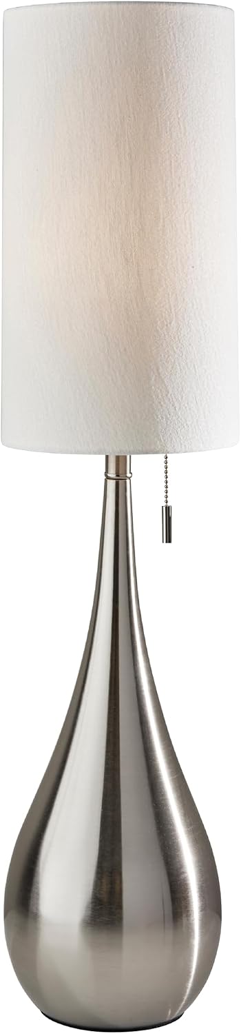 Adesso Brushed Steel Table Lamp with White Fabric Shade – Pull Chain Accent Light for Bedroom, Living Room, or Home Office, 34.5” Tall