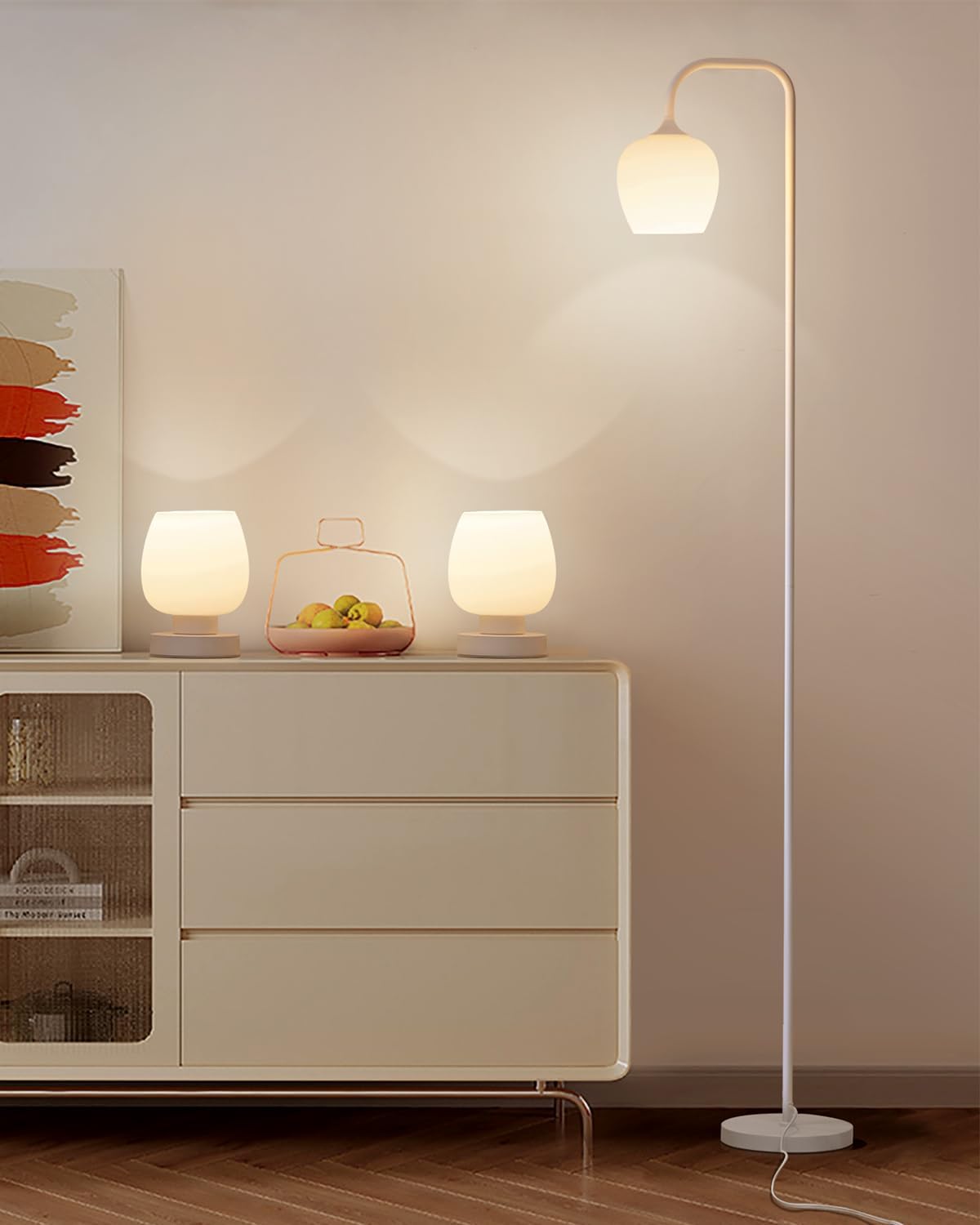 ONEWISH Lamp Set of 3 - Touch Bedside Table Lamps Set of 2 and 1 Floor Lamp, Modern Lamps for Bedroom Living Room Nightstand, White Opal Glass Lamp Shade, LED Bulbs Included Simple Design