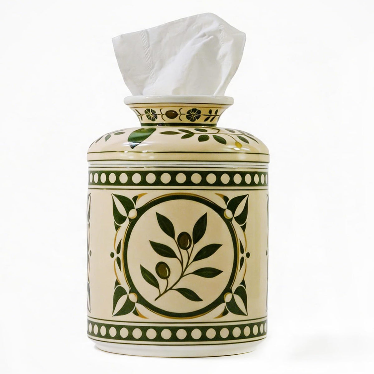 Ceramic Modern Tissue Box Cover,Round 6.7" Tissue Box Holder Dispenser,Tissues Organizer for Home Office Nightstand Vanity Housewarming-Olive Branch