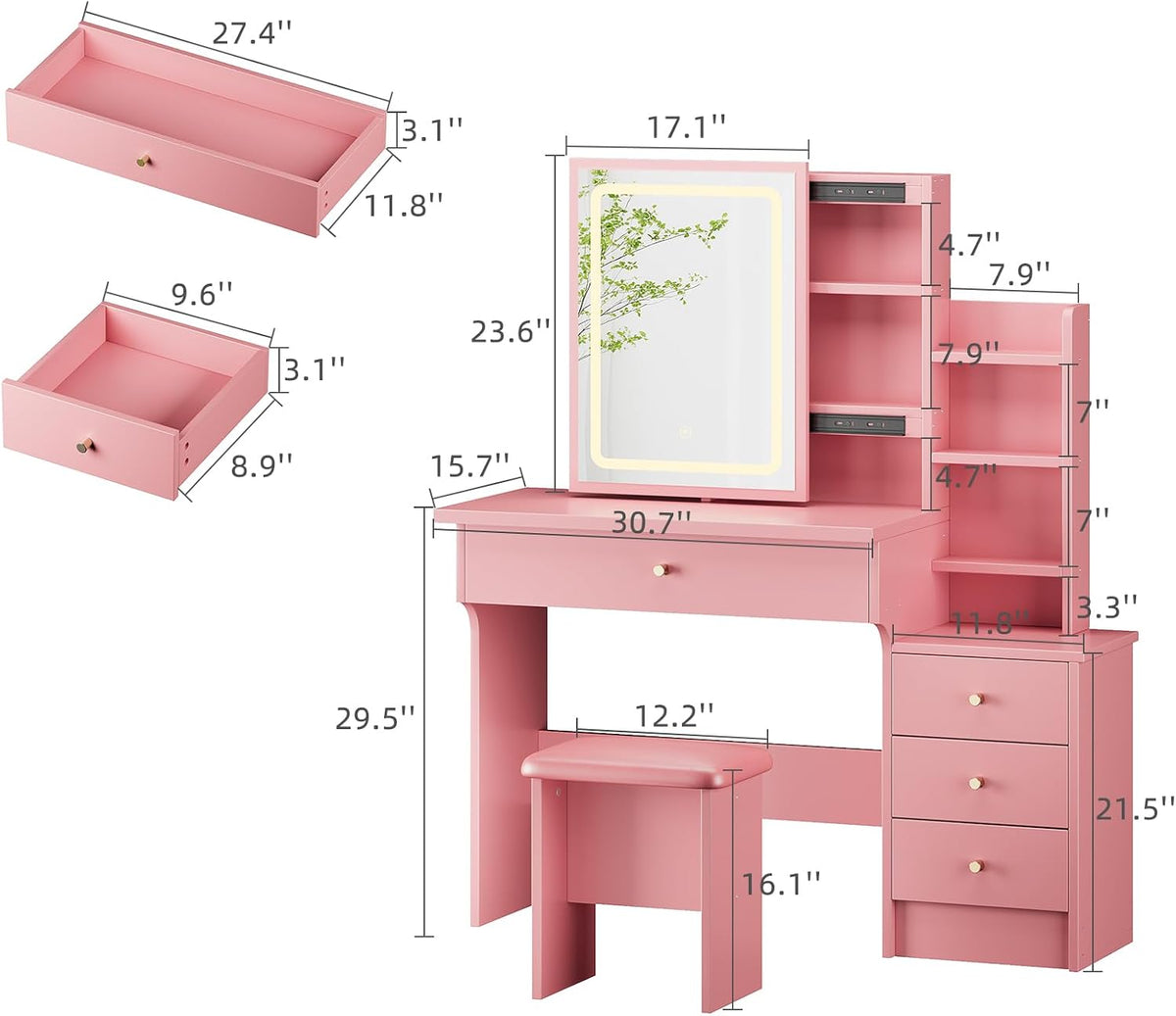 Memobarco Pink Makeup Vanity Desk with Sliding Mirror & 4 Drawers