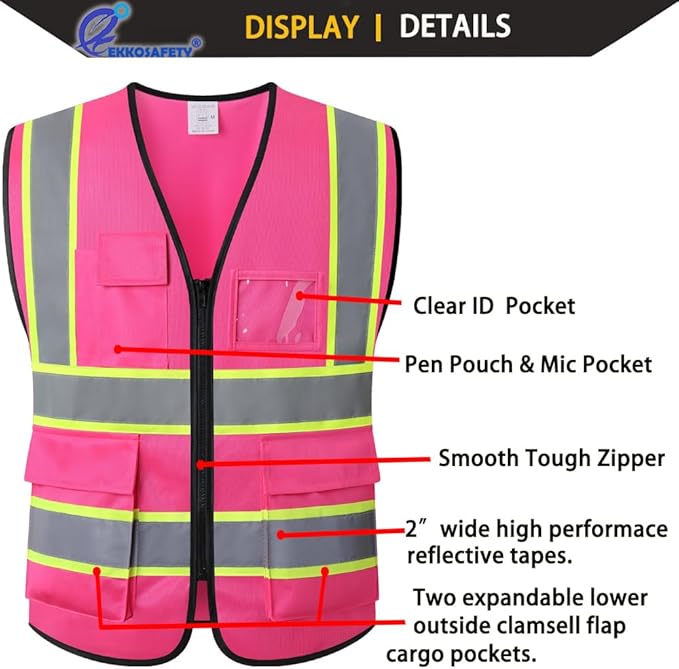 Pink High Visibility Safety Vest for Men Women with 5 Pockets and Zipper Hi Vis Construction Work Vest with Reflective Strips,Meets ANSI/ISEA Standards(EK175-Pink-XL)