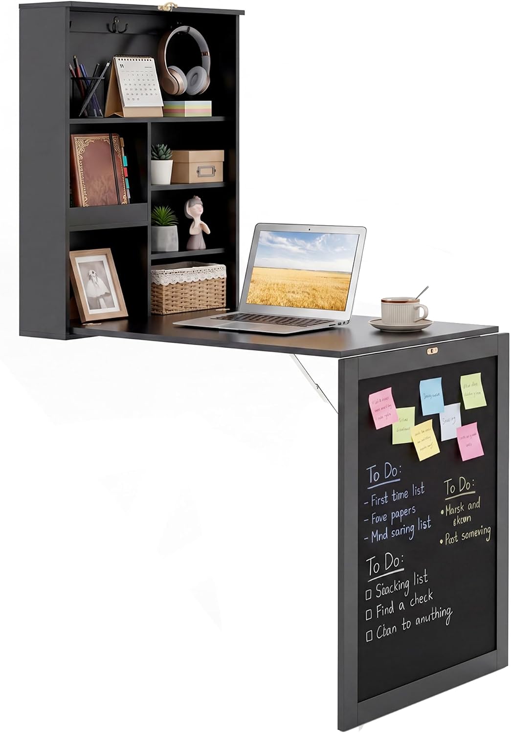 Tangkula Foldable Wall-Mounted Desk, Floating Desk with Chalkboard, Storage Shelves & Hooks, Space-Saving Murphy Table for Home Office, Bedroom, Dorm Room, Small Spaces