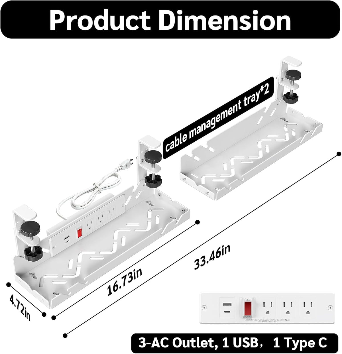 CABTE Under Desk Cable Management Tray with Power Outlet