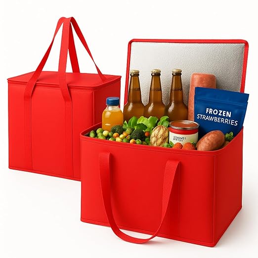 musbus 2-Pack XL-Large Insulated Grocery Shopping Bags, Red, Reusable, Heavy Duty, Zipped Zipper,Collapsible,Tote,Cooler,Groceries,for car,Recycled Material Warm Foldable Bag…