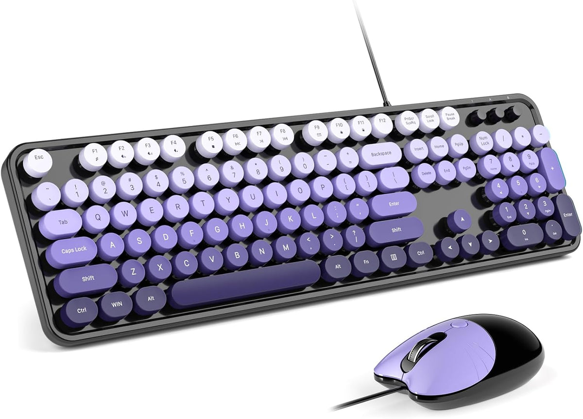 MOFII Wired Retro Typewriter Keyboard and Mouse Combo, Full Size USB Plug & Play for Windows PC Laptop- Black Purple