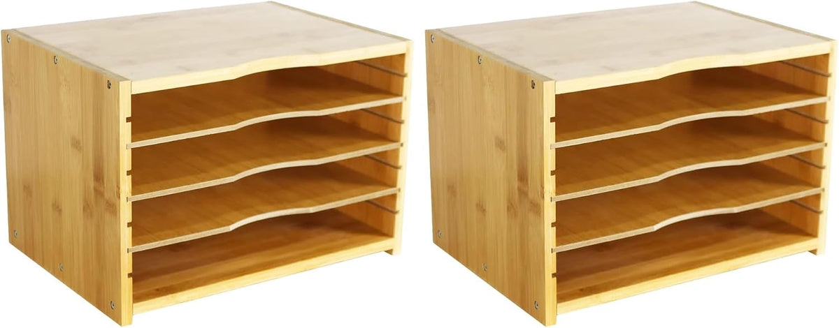 WKWKER File Organizer with 3 Adjustable Shelves Bamboo Document Letter Tray Paper File Sorter for Desktop Office Home Study Workstation Desk Storage Rack (Natural) (Pack of 2)