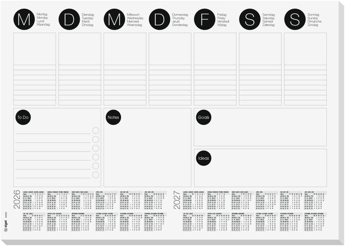 SIGEL H6506 Paper desk pad- weekly planner - grey - A3-2026/2027 - DE/EN/FR/NL - 30 sheets - FSC-certified