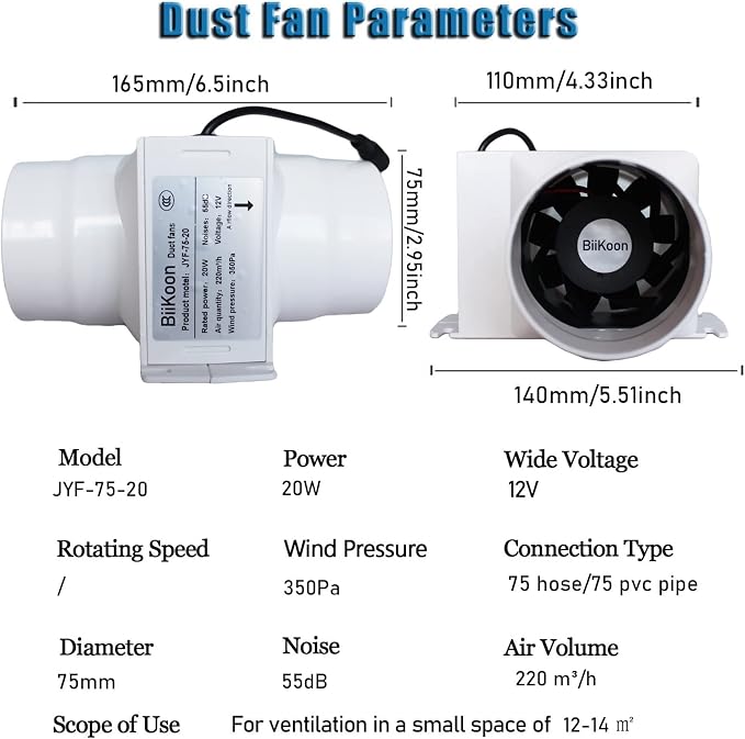 3“ Inline Duct Fan 12V 20W Inline Exhaust Blower Plastic Air Extractor Booster