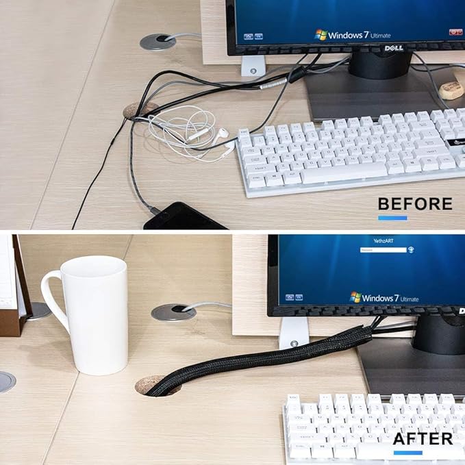 AGPTEK Cable Sleeve Cover, 6.6ft - 2/3 inch Desk Cord Organizer Cable Hider, Home Office Wire Management Computer TV Wire Loom Tubing, Pet Proof Cord Protector, from Cat Dog Chewing, Black