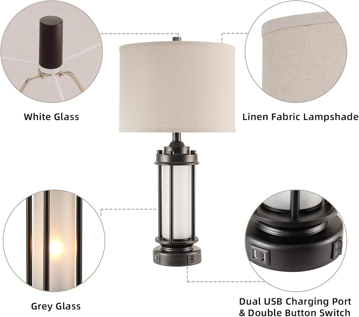 AIEAMPDO 25'' Set of 2 Modern Table Lamps for Bedroom with 2 USB C+A Ports