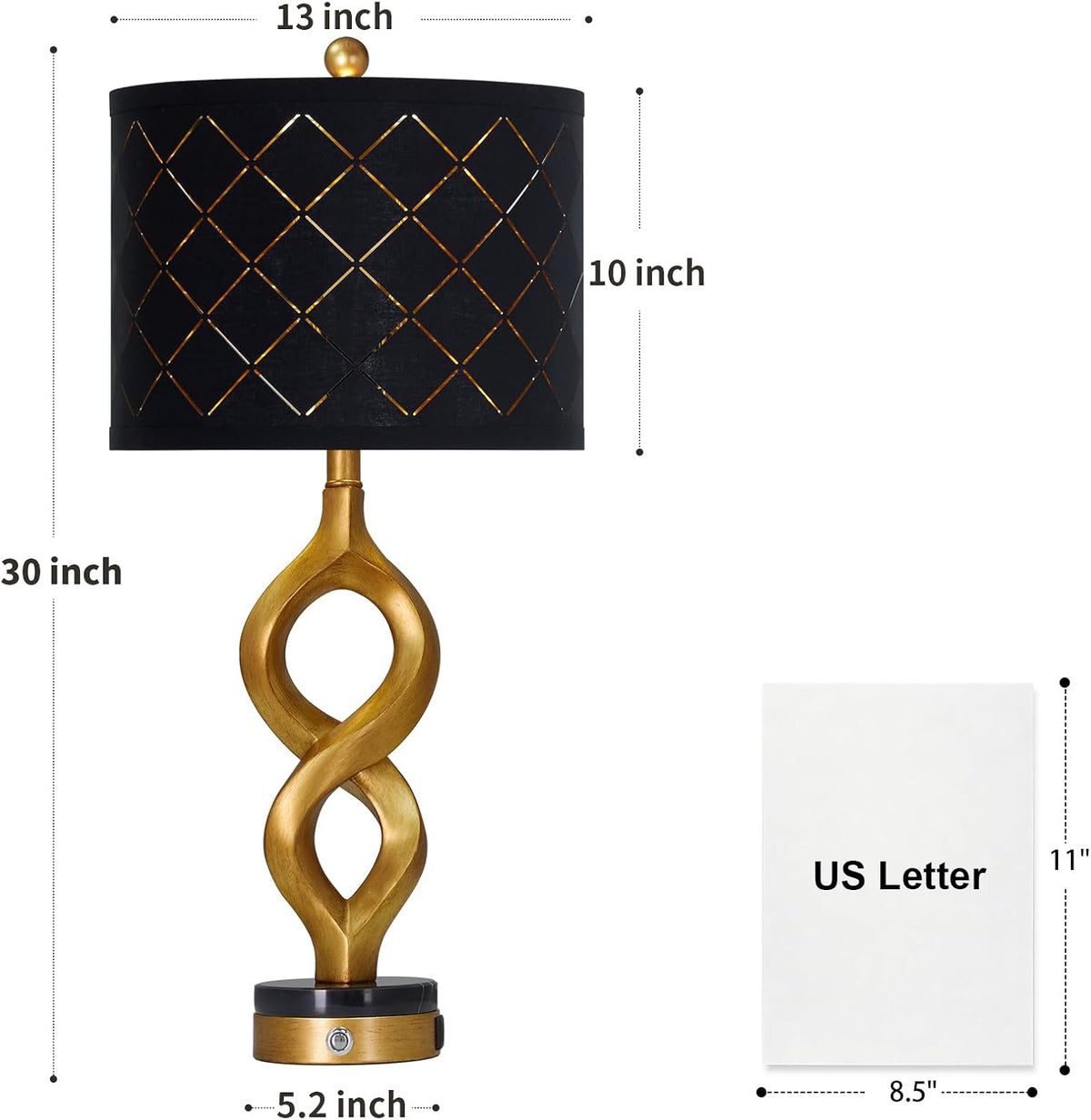 Rinweey Black and Gold Table Lamps Set of 2 for Living Room, 30" Tall Touch Control Bedside Lamps for Bedroom Nightstand, 3-Way Dimmable Modern Decorative Table Lamp with USB A+C Ports and 2 LED Bulbs