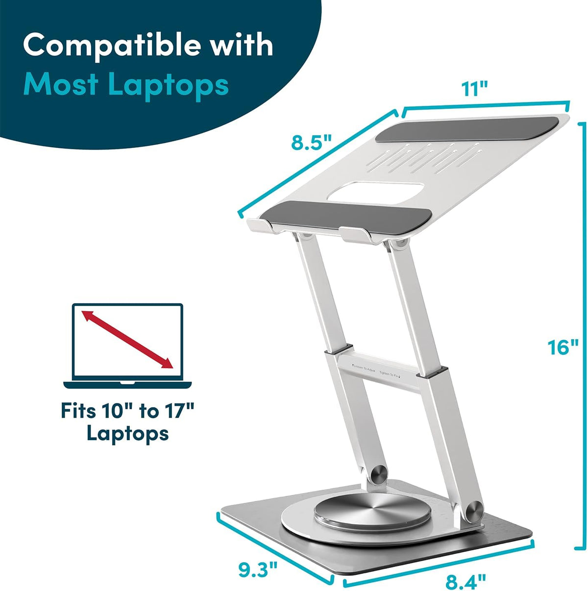 Lifelong 360 Rotating Adjustable Laptop Stand, 16" Tall Riser - Silver