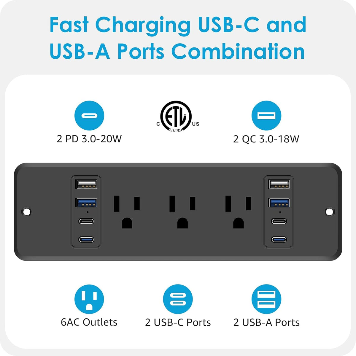 HHSOET 6 Outlets Recessed Power Strip, 20W USB C Ports, Black, 6FT, 1