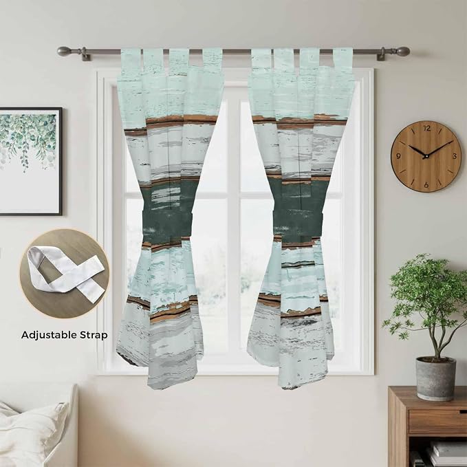 Blue Teal Bathroom Curtains 63 Inch Length, Window Curtains Tab Top, Vintage