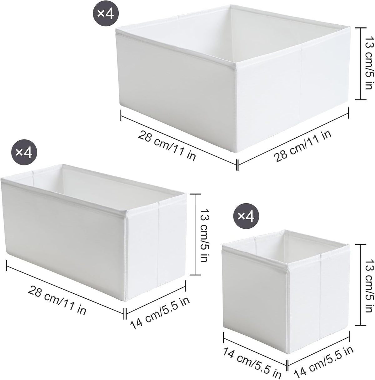 TYEERS Drawer Organizers, Durable Fabric, Washable, with Base Support Boards, Small Storage Boxes for Bathroom, Closet, Dresser, Set of 12, White