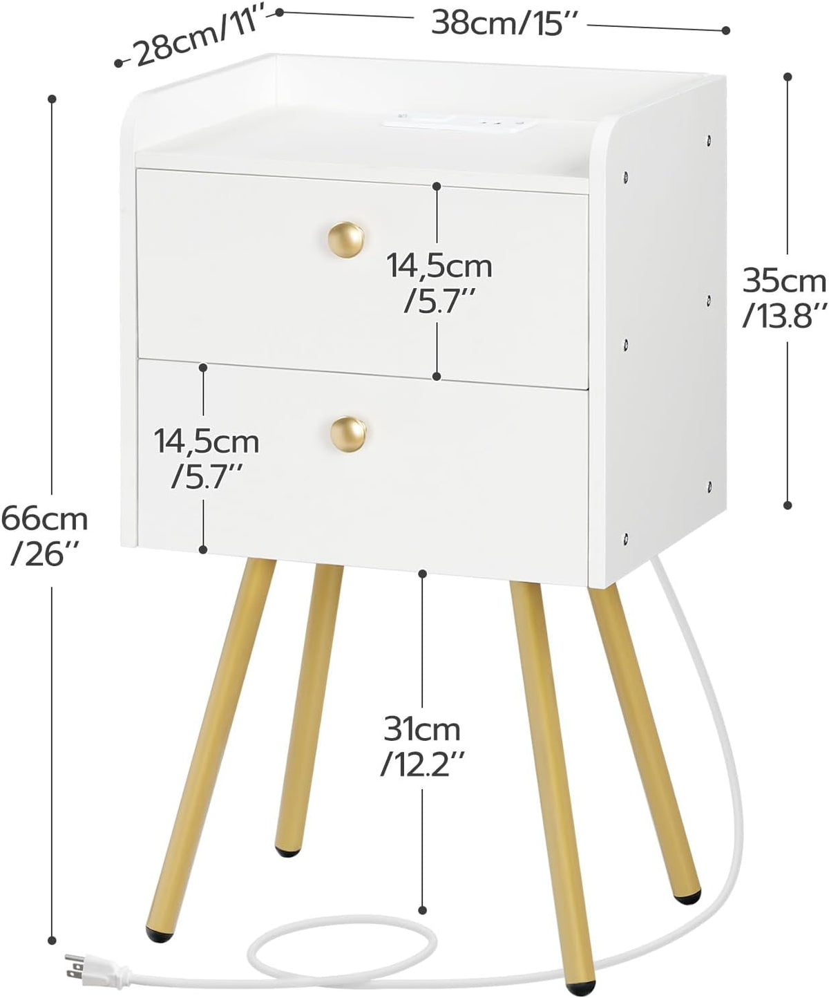 HOOBRO White Nightstand with Charging Station, Modern End Table