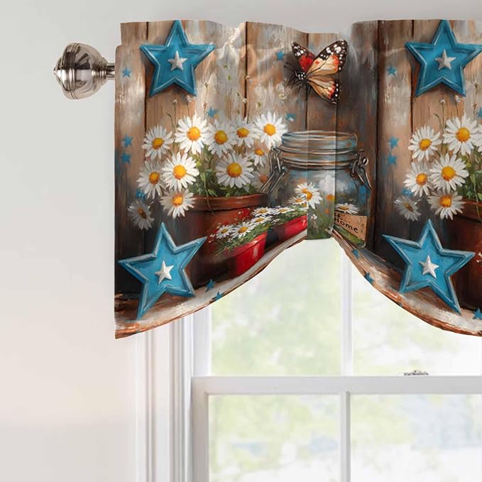 Country Flower Tie Up Valance for Window, Western Texas Star Butterfly Barn