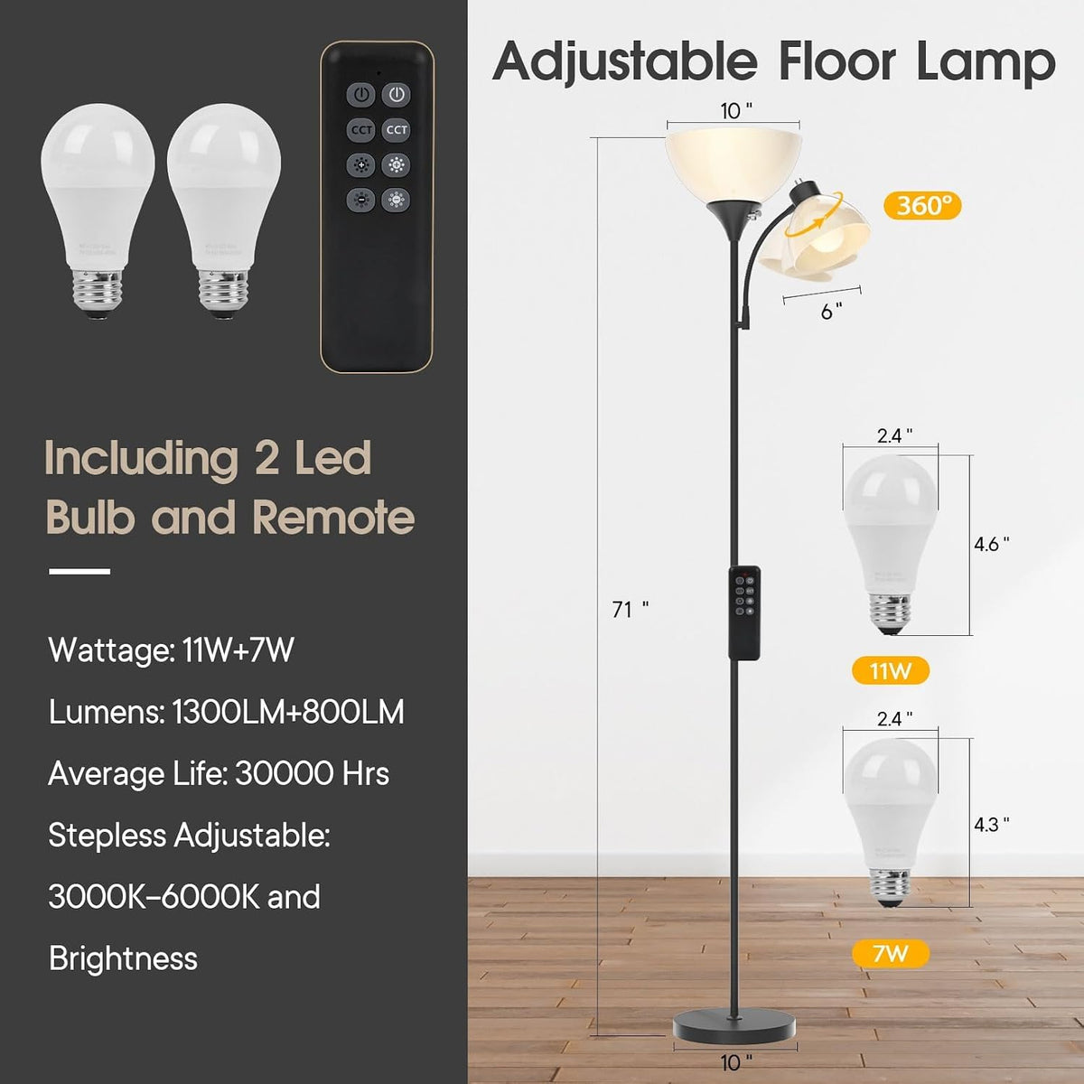 GERGO Torchiere Floor Lamp with Remote Control and Adjustable Reading Light