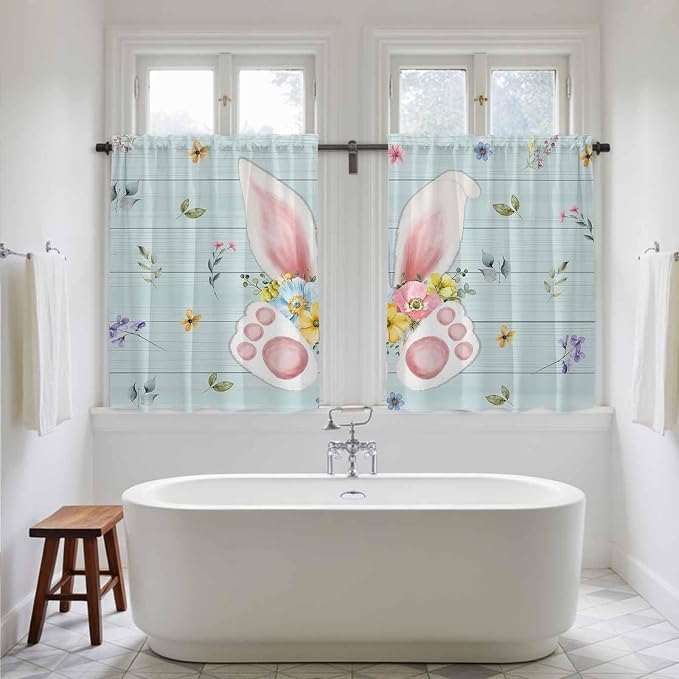 Easter Kitchen Tier Curtains 45 Inch Long 2 Panel Set, Rod Pocket Short Window