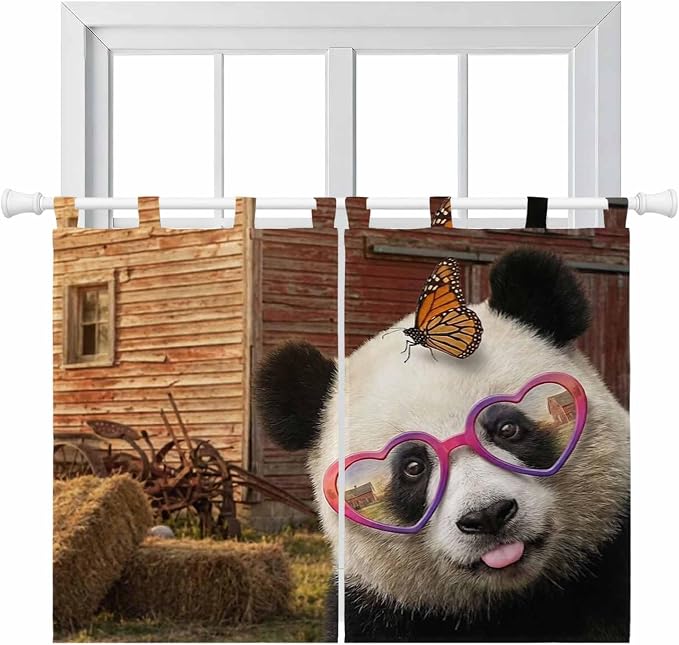 Farm Panda Bedroom Curtains 63 Inch Length, Window Curtains Tab Top, Farmhouse