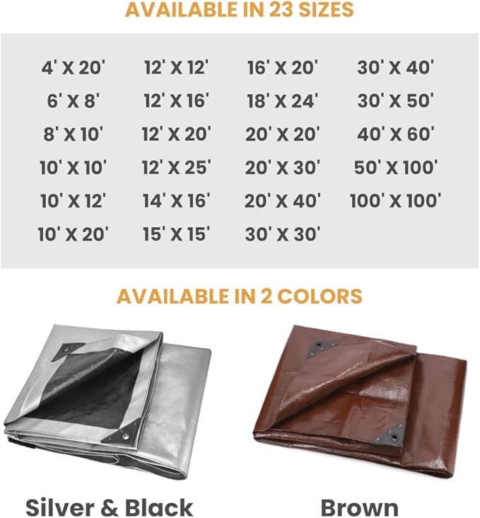 WHITEDUCK Super Heavy Duty Poly Tarp Cover 16 Mil & 10 Mil with Grommets and Reinforced Edges (Brown, White & Silver Black) (Brown- 16 Mil, 50' x 100')