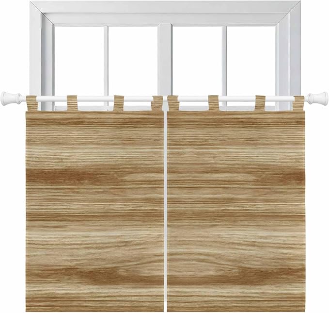 Light Brown Wood Grain Kitchen Curtains 45 Inch Length, Short Cafe Window