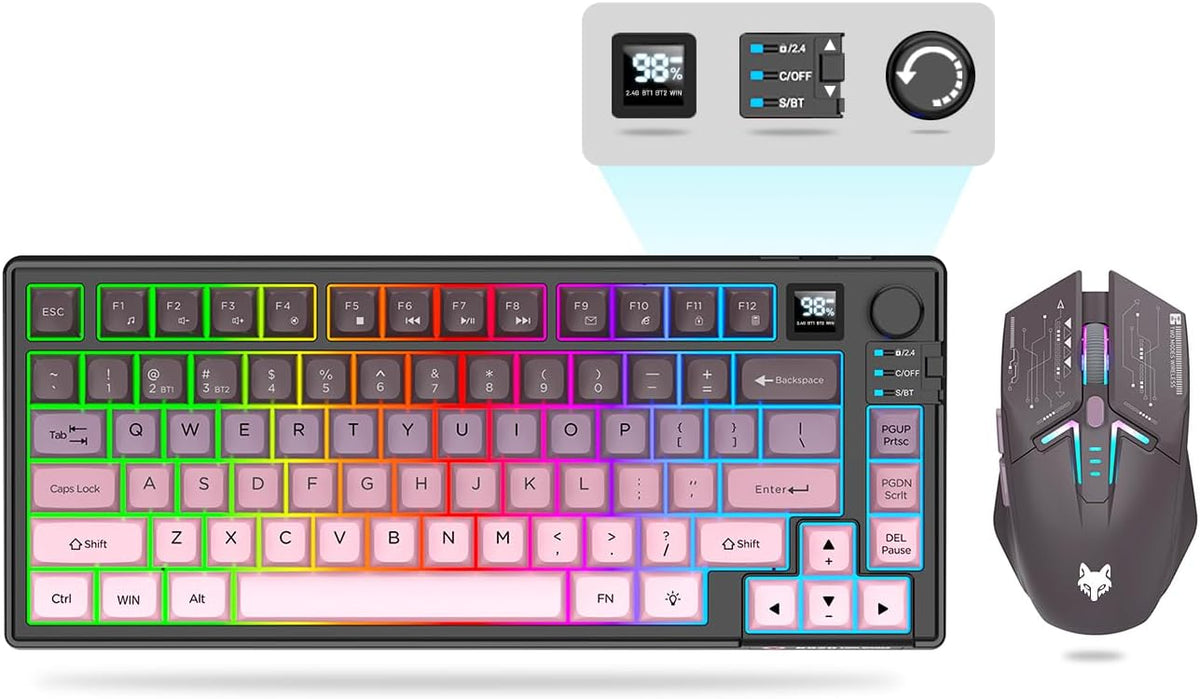 75 ％ Wireless Gaming Keyboard and Mouse Combo, Tri-Mode BT5.0/2.4GHz/USB-C, RGB Backlit Keyboard + 3D 1600DPI Mice, 2000mAh Battery, 80 Keys, Knob Volume Control (Gradient Pink)