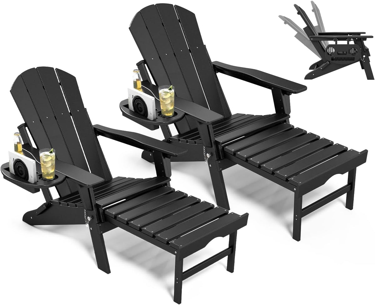 NAVINE Adjustable Adirondack Chair Set of 2 with Retractable Ottoman, Black