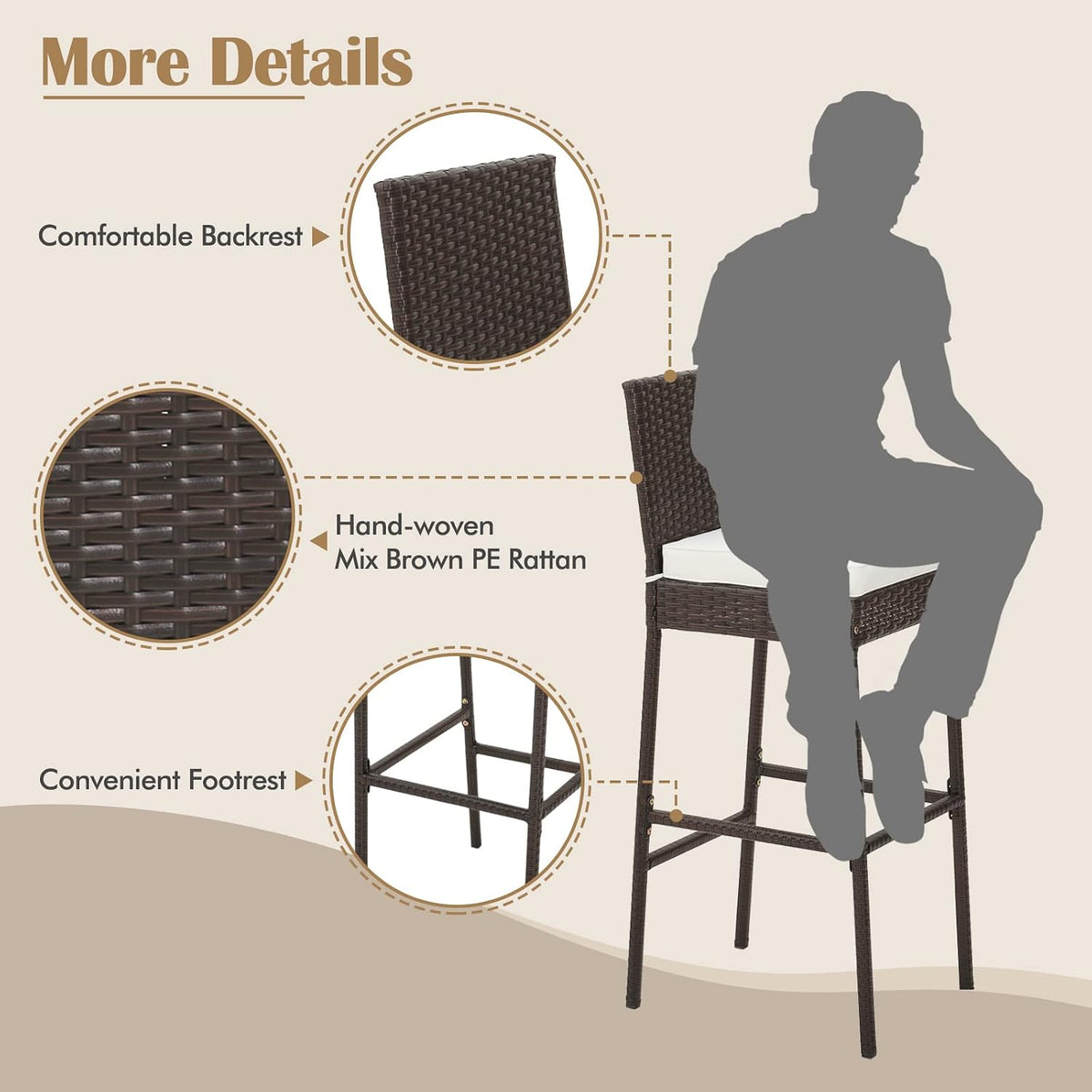 RELAX4LIFE Set of 2 Outdoor Wicker Rattan Patio Bar Stools Mix Brown