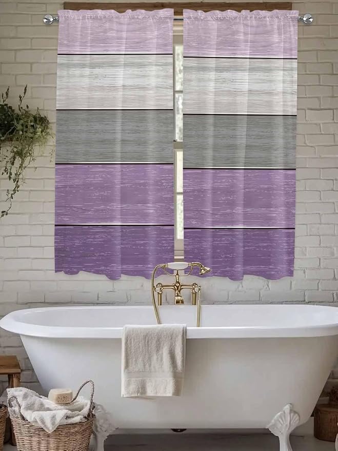 Country Wood Board Gray Purple Window Valance Curtains, Farmhouse Gradient