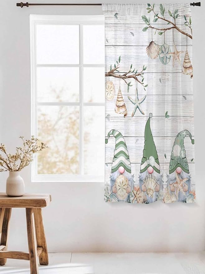 Sheer Curtains 63 Inch Length, Sage Green Gnomes Semi Sheer Curtains Light