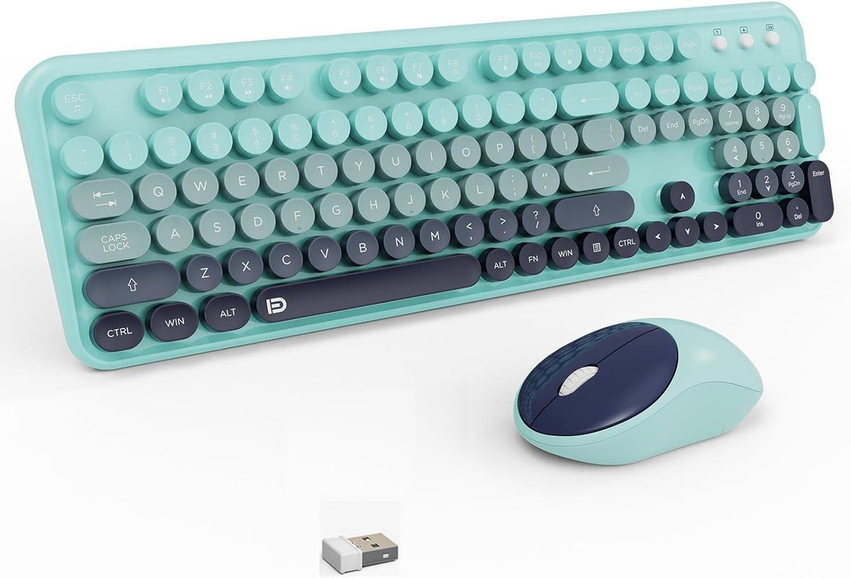 Teal Wireless Keyboard and Mouse Combo,Retro Bubble Round Key,for PC Laptop