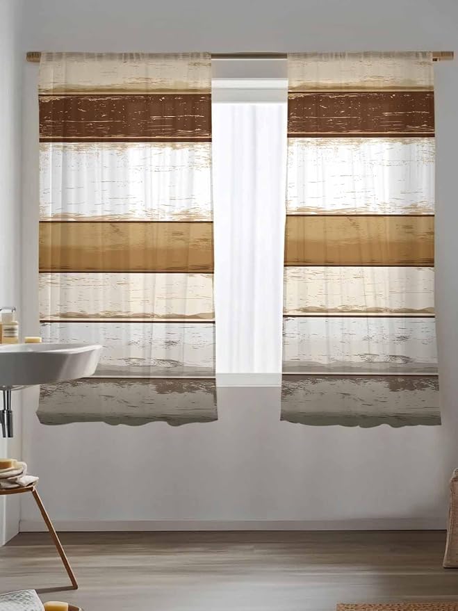 Sheer Curtains 72 Inches Long, Vintage Country Geometric Striped Privacy Voile