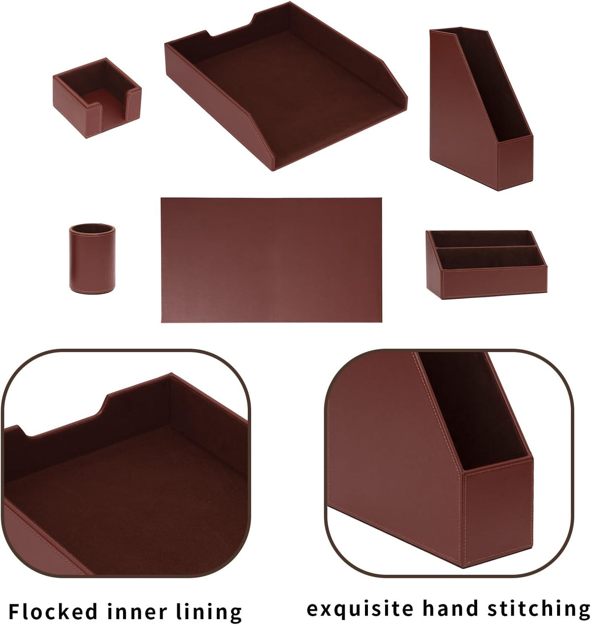Office Supplies PU Leather 6-Piece Desk Organizer with Writing Pad, Letter Tray, File Folder Sorter, Pen Cup, Note Holder, Business Card Holder - Brown
