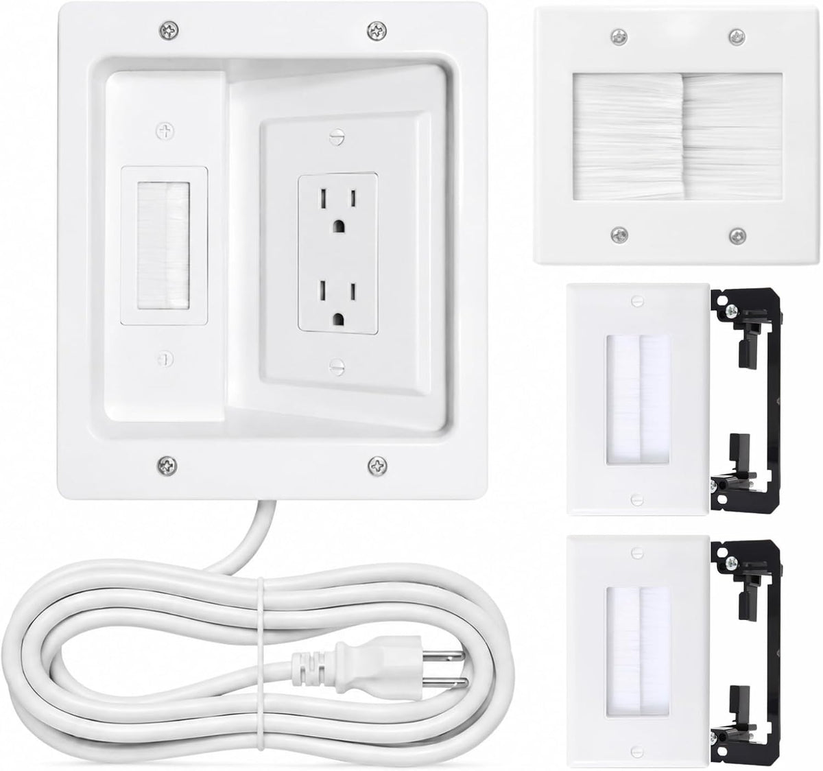 Wall Cable Management Kit, with 9ft Power Cord, Brush Wall Plate & Bracket
