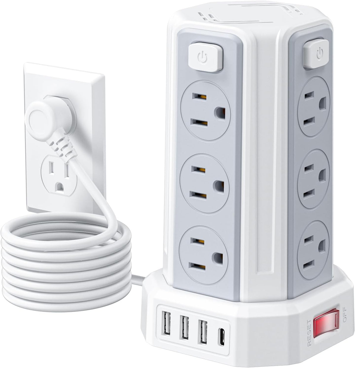 Power Strip 6.5 Ft Extension Cord with 12 AC Multiple Outlets 4 USB (1 USB C), SMALLRT Power Strip Tower Desktop Charging Station for Home Office College Dorm Essentials