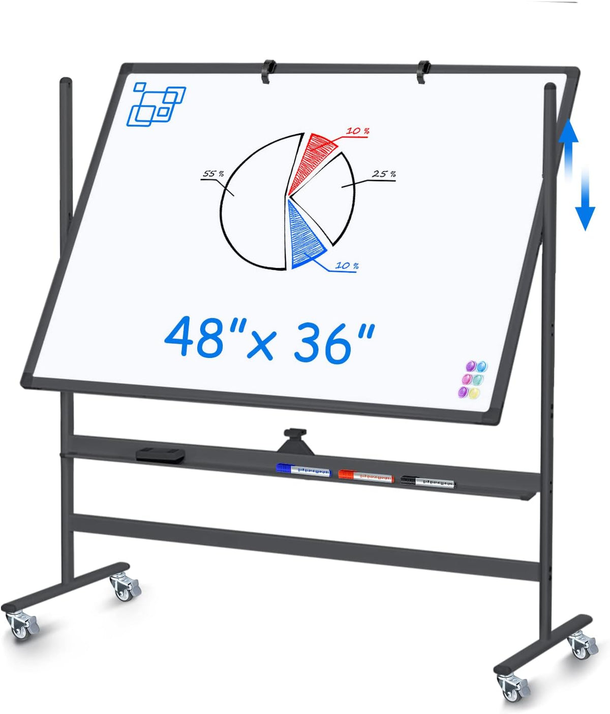 Maxtek Rolling White Board on Wheels 48x36 in, Double-Sided Magnetic Black