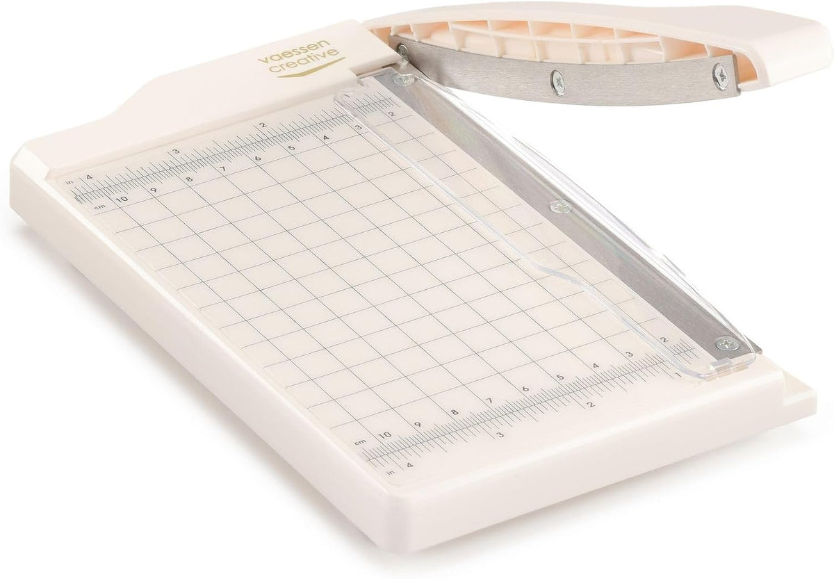 Vaessen Creative Trim Easy Mini Guillotine Cutter, 4 x 6 inches, Trimmer for Cutting Paper, Cardstock, Foam, Thin Felt, Cork Sheets and Other Craft Materials, 4 x 6, White/Pink