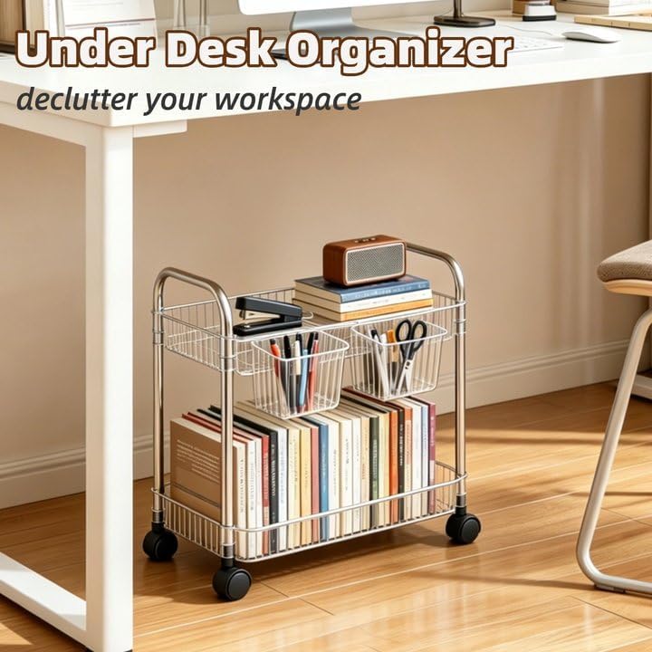 2 Tier Utility Rolling Cart with Wheels Sofa Side Table Small Under Desk Storage Organizer, Clear Acrylic Plastic Mobile Trolley Organization Storage Cart for Kitchen Pantry Bathroom Vanity