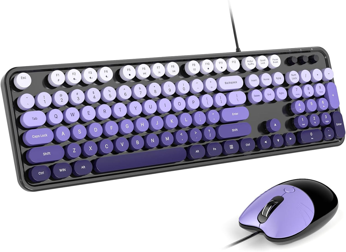 Dilter Wired Keyboard and Mouse Combo, Retro Keyboard with Full Size, Cute Cat Shaped Mouse, USB Plug and Play for Windows 7/8/10, Laptop, Desktop, PC, Computer (Black Purple)