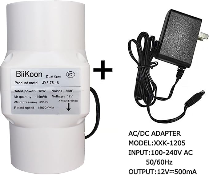 Inline Duct Fan 3 Inch 12V HVAC Exhaust Intake Fans Plastic Low Noise Basement