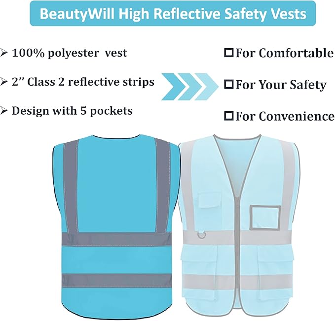 BeautyWill Safety Vest 1 pcs Customize Logo Class 2 High Visibility Reflective Vest with 5 Pockets Construction Security Work Vest ANSI/ISEA Standards