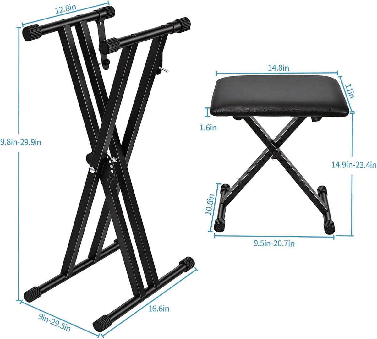 Keyboard Stand & Bench Set, Upgrade Heavy Duty Double-X Keyboard Stand, Adjustable & Portable Digital Piano Stand with Locking Straps