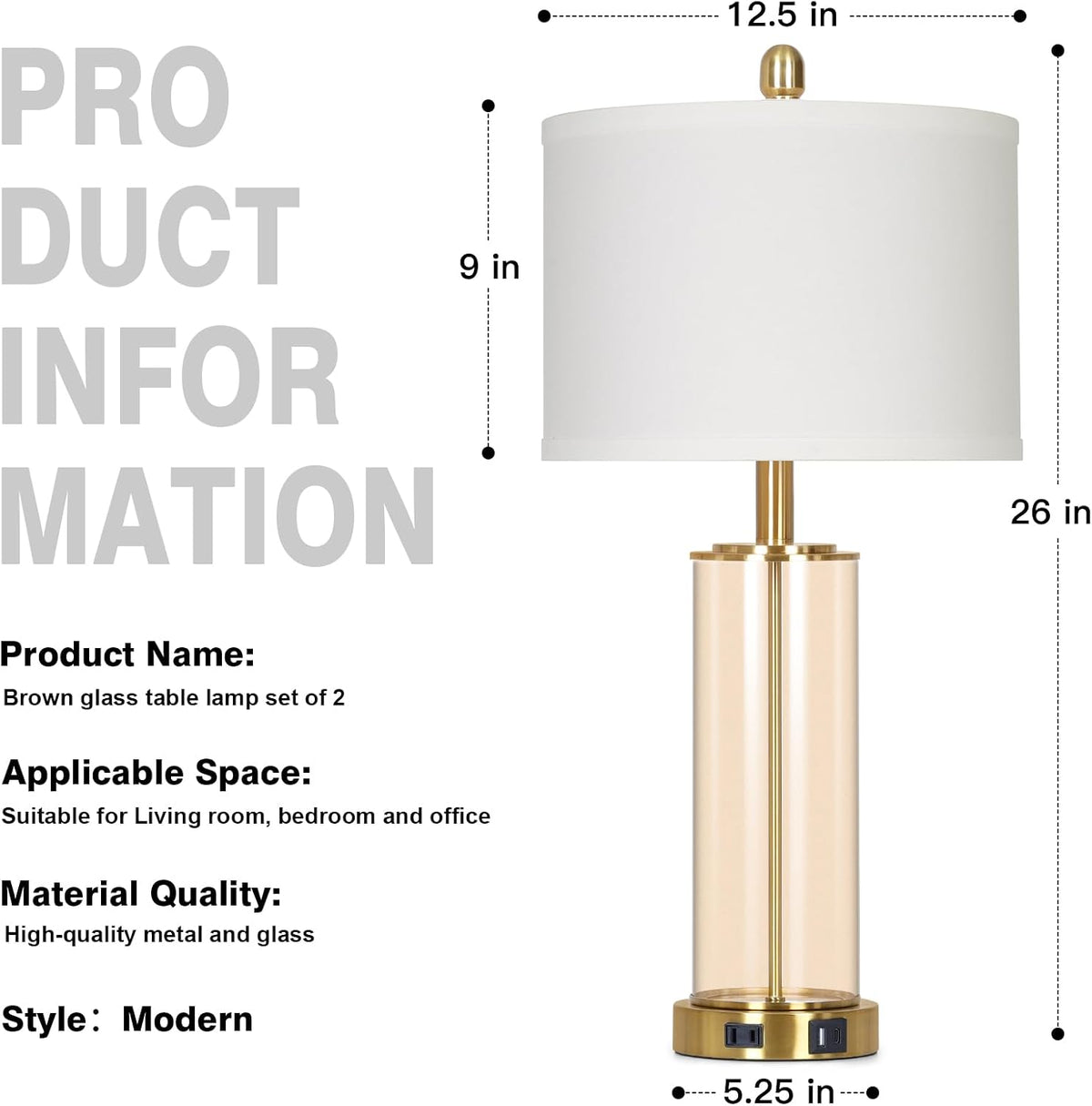 Ruzectt 26" Glass Table Lamp Single, 3-Way Dimmable Touch Control Living Room Lamp with USB C+A Ports & AC Outlet, Modern Bedside Lamps, Bedroom Lamps for Nightstand Side End Table Desk, Brown-1PK