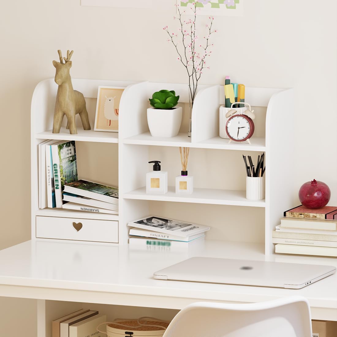 Cute Bookshelves Cute Bookshelf for Desk Kawaii Desk Organizer with Drawer Office Desk Organizers and Accessories Storage Home Decor Display (White)