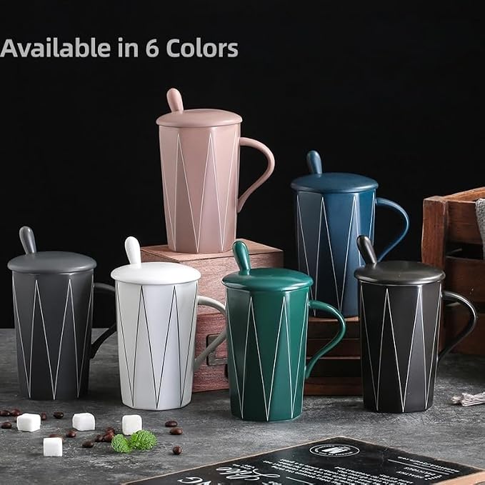 Ceramic Coffee Mug with Lid and Spoon, 13 oz Thick Heavy Coffee Cup